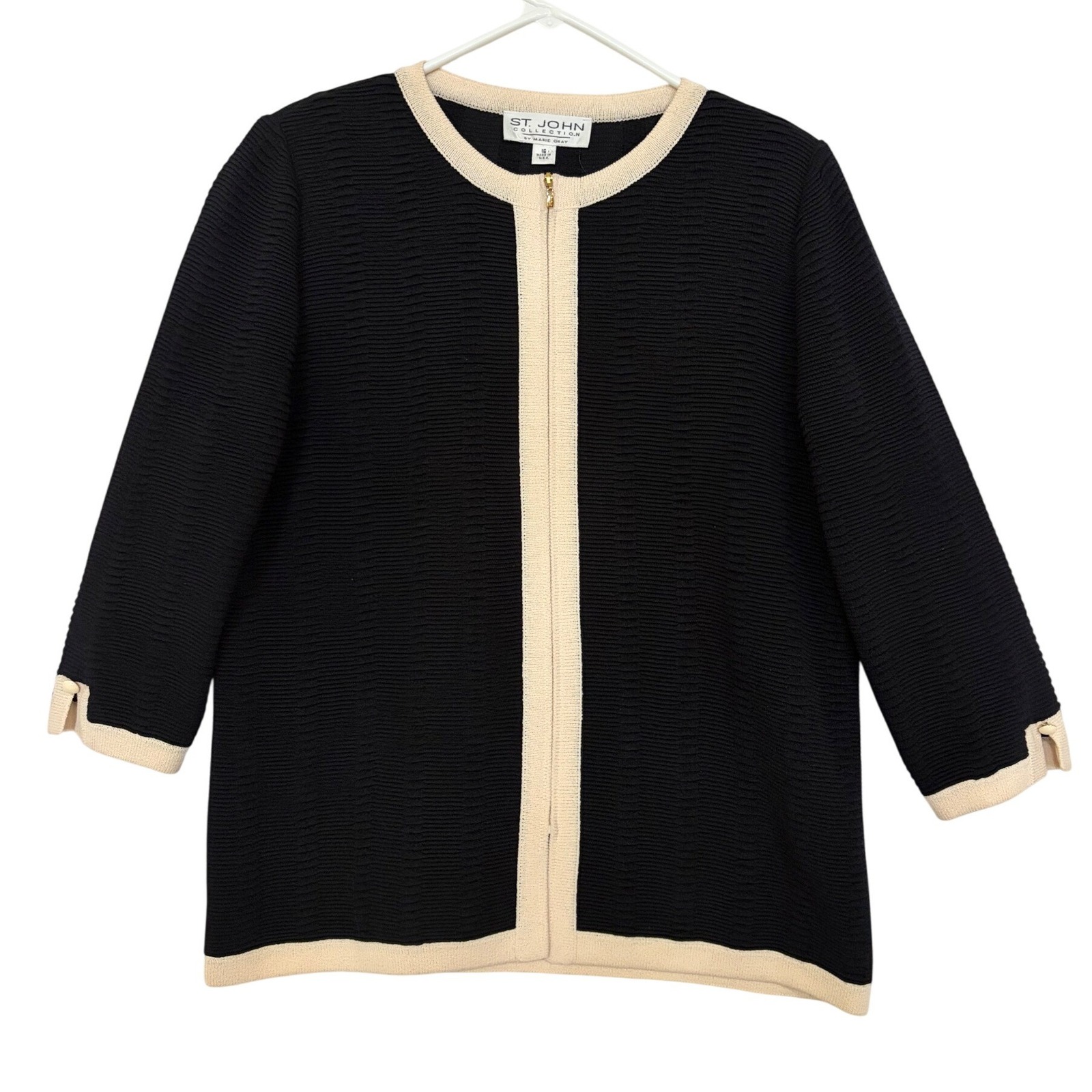 St. John Collection Marie Gray Black Cream Textured Knit Zip Jacket Size 16